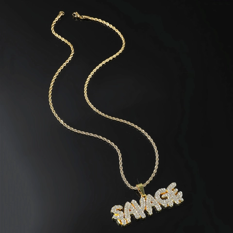 Collana con Pendente a Lettera Savage Hip Hop Pendente in Lega con Strass Iced Out con Catena a Corda in Acciaio Inossidabile