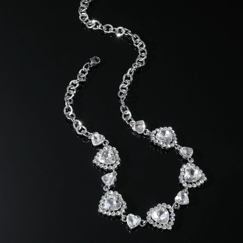 Collar Gargantilla de Aleación de Zinc Corazón Hueco con Strass para Mujer Elegante Colgante de Corazón Plateado Joyería Regalo