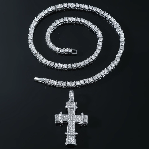 Collar con Colgante de Cruz de Plata Hip Hop para Hombre Con Cadena de Tenis Incrustada de Diamantes Joyería de Moda
