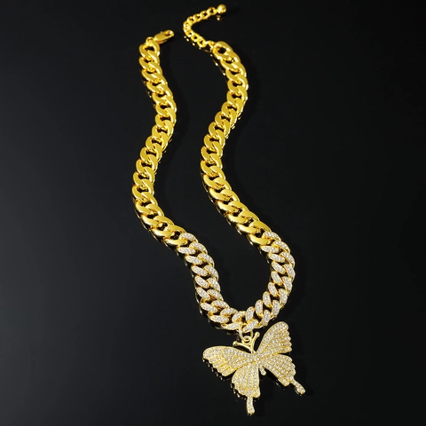 Hip Hop Iced Out Butterfly Pendant Cuban Link Necklace Zinc Alloy Rhinestone Inlaid Fashion Jewelry For Men Women Gift