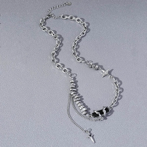 Hip Hop Punk Zwart Vierkant Ster Kruis Kwastje Hanger Halsketting Zinklegering Strass Splicing Chunky Ketting Voor Unisex