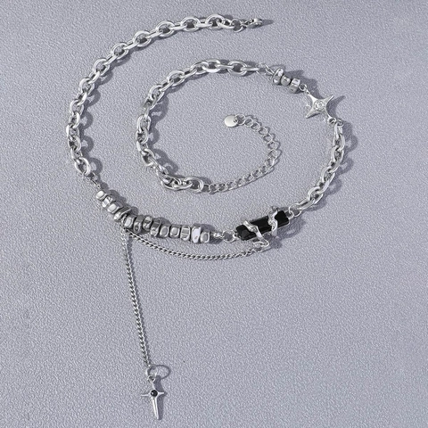 Hip Hop Punk Zwart Vierkant Ster Kruis Kwastje Hanger Halsketting Zinklegering Strass Splicing Chunky Ketting Voor Unisex