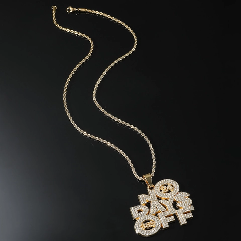 Collana con Pendente a Lettera No Days Off Hip Hop Iced Out per Uomo Donna Lega Strass Catena a Corda in Acciaio Inossidabile Gioielli