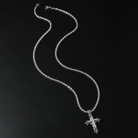 Collana con Ciondolo a Croce Hip Hop Iced Out per Uomo Acciaio Inossidabile Lega Strass Punk Streetwear Gioielli Catena a Corda
