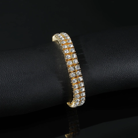 Hip Hop Men Double Row Rhinestone Tennis Bracelet Alloy Inlaid Jewelry Gold Silver Color Geometric Clasp Bracelet Party Jewelry