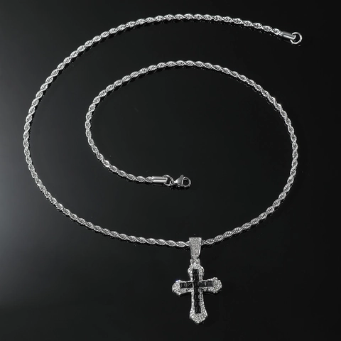 Collana con Pendente a Croce Hip Hop da Uomo Catena a Corda in Acciaio Inossidabile con Strass Intarsiati Gioielli Religiosi Regalo
