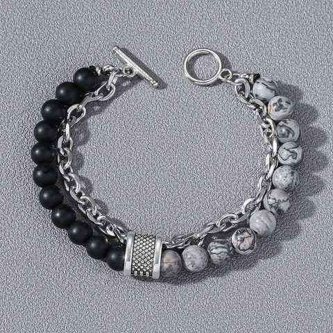 Herren Punk Stil Mattierter Stein Kette Armband Set Geometrische Legierung Perlen Armband Doppelter Layer OT Schnalle Mode Schmuck