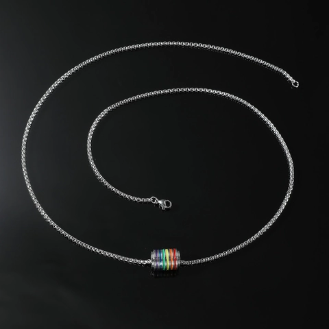 Collana Minimalista con Ciondolo Arcobaleno in Lega con Strass a Strisce Cilindrica con Perla Rotante Catena Lunga Maglione