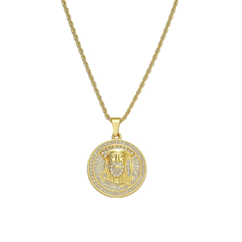 Hip Hop Men Round Jesus Portrait Pendant Necklace Gold Silver Plated Stainless Steel Rope Chain Rhinestone Inlaid Jewelry