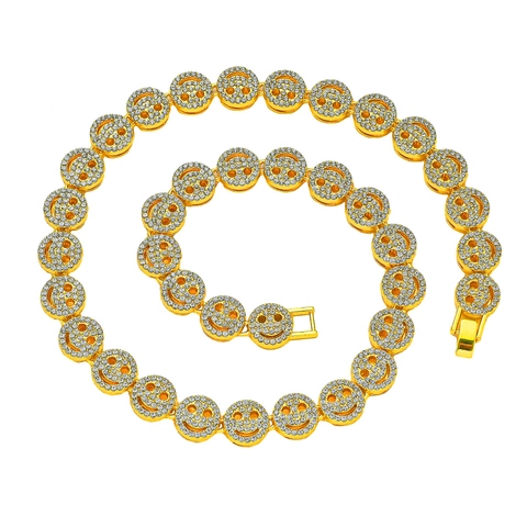 Collana Bracciale a Catena con Maglie Cubane Iced Out Smiley Face Hip Hop in Lega di Zinco con Strass Gioielli per Uomo Donna Oro Argento