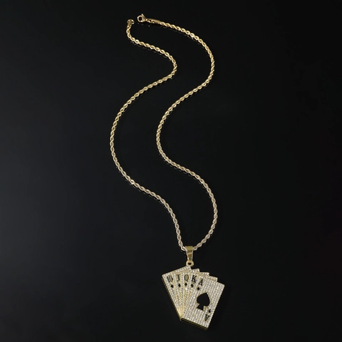 Collana Hiphop con Ciondolo Poker Picche Scala Reale in Lega con Strass e Catena a Corda in Acciaio Inossidabile per Uomo Gioielli da Festa