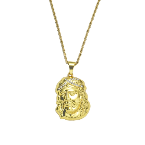 Hip Hop Jesus Head Pendant Necklace Gold Plated Zinc Alloy Stainless Steel Rope Chain Rhinestone Religious Men Jewelry