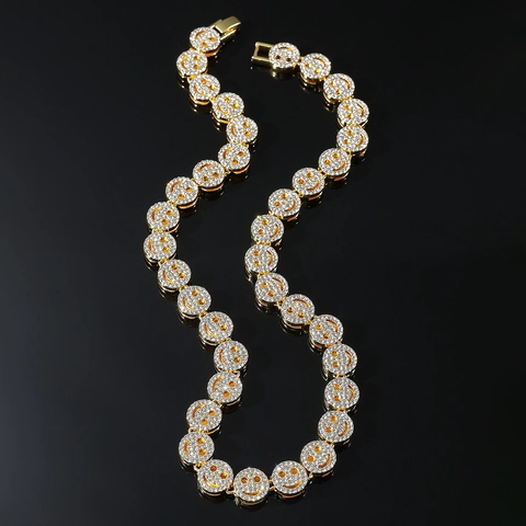 Collana Bracciale a Catena con Maglie Cubane Iced Out Smiley Face Hip Hop in Lega di Zinco con Strass Gioielli per Uomo Donna Oro Argento