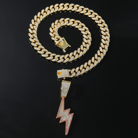 Collana con Ciondolo a Fulmine Iced Out Lega Strass Hip Hop Catena a Maglia Cubana per Uomo Gioielli Streetwear