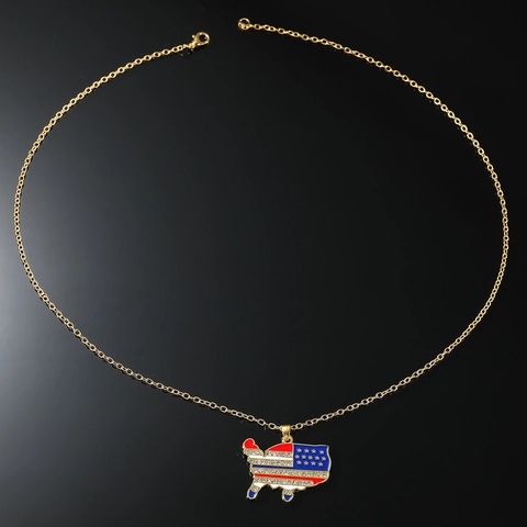 Hip Hop Alloy USA Map Pendant Necklace With USA Flag Pattern Rhinestone Inlaid Gold O-Chain Street Men Jewelry