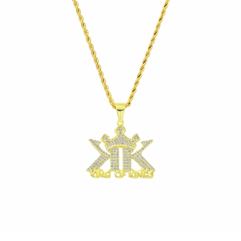 Iced Out Crown KK King Of Kings Pendant Necklace Zinc Alloy Rhinestone Hip Hop Jewelry Stainless Steel Rope Chain