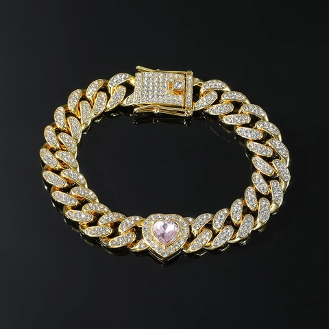 Bracelet Hip Hop Iced Out Cuban Link pour Hommes en Alliage avec Pendentif Cœur en Strass Bijoux de Mode pour Cadeau de Fête