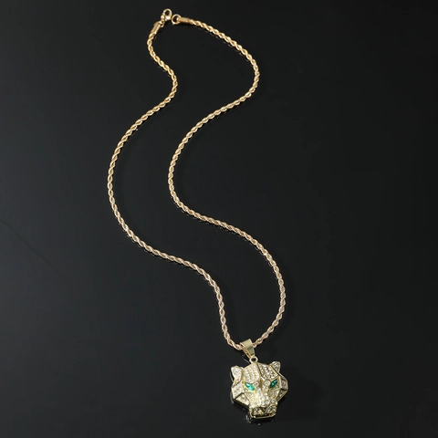Collar con Colgante de Cabeza de Leopardo Iced Out Hip Hop para Hombres Cadena de Cuerda de Acero Inoxidable Aleación Rhinestone Joyería de Animales Oro Plata