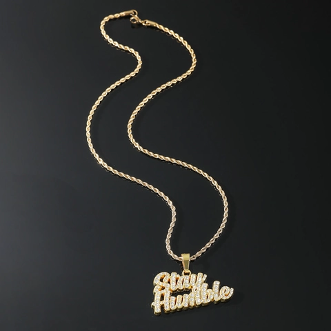 Collana Con Ciondolo a Lettera Stay Humble Uomo Catena a Corda in Acciaio Inossidabile Strass Oro Argento Gioielli Hip Hop