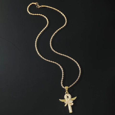 Collar de Pendiente de Cruz de Ankh Hip-Hop Diamante de Imitación Llave de la Vida Egipcia Aleación Acero Inoxidable Cadena