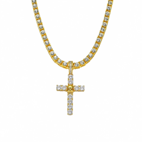 Iced Out Zirkonia Totenkopf Kreuz Anhänger Halskette Für Herren Hip-Hop Gold Silber Überzogen Tenniskette Gothic Schmuck