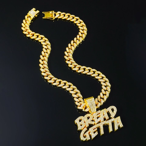 Collana con Pendente Lettere Bread Getta Hip Hop Lega di Zinco Strass Catena Cubana Punk Streetwear Gioielli per Uomo Donna