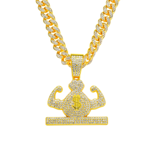 Collana Hip Hop Iced Out con Ciondolo Uomo Muscoloso Sacchetto Soldi Segno Dollaro Maglia Cubana Lega Strass Gioielli Esagerati Uomo