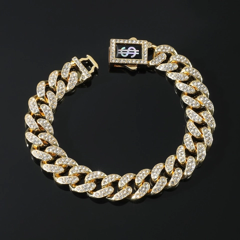 Hip Hop Iced Out Cuban Link Bracelet For Men Alloy Dollar Sign Clasp Gold Silver Rhinestone Chain Bracelet Streetwear Jewelry
