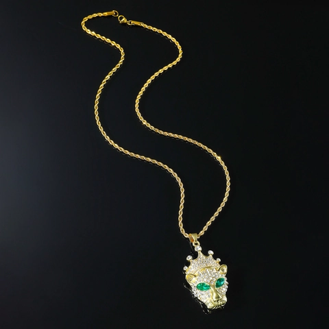 Collar de Leopardo Con Corona Hiphop de Aleación de Zinc Acero Inoxidable Cadena de Cuerda Con Ojos de Diamante de Imitación Verde Joyería