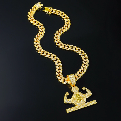 Collana Hip Hop Iced Out con Ciondolo Uomo Muscoloso Sacchetto Soldi Segno Dollaro Maglia Cubana Lega Strass Gioielli Esagerati Uomo