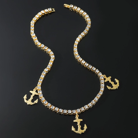 Hip Hop Men Zinc Alloy Rhinestone Anchor Pendant Necklace Fashion Nautical Tennis Chain Necklaces Jewelry For Party