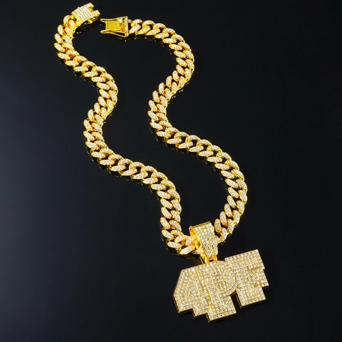 Collana con Ciondolo a Lettera 4PF Hip Hop Iced Out per Uomo in Lega di Zinco Strass Catena a Maglia Cubana Gioielli