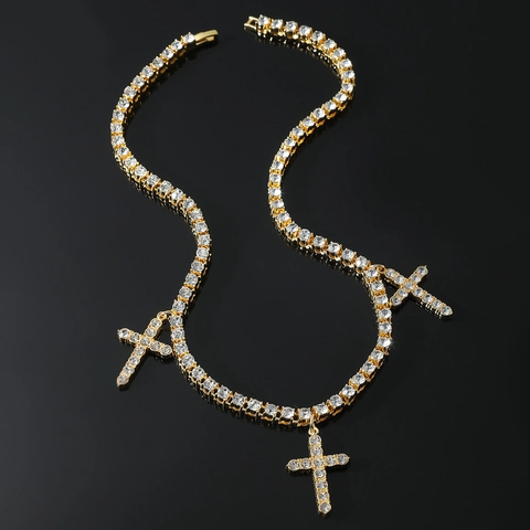 Hip Hop Men Tennis Chain Necklace With 3 Cross Pendants Zinc Alloy Full Zirconia Inlaid Gold Silver Clavicle Chain Jewelry