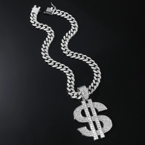Collana Hip Hop con Ciondolo Simbolo del Dollaro Iced Out e Catena Cubana in Lega Placcata Oro Argento Strass Gioielli da Uomo