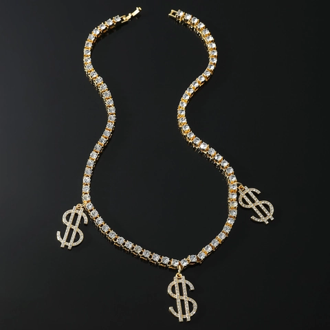 Collana Con Ciondolo Segno Del Dollaro Hip Hop Lega Di Zinco Strass Catena Tennis Ghiacciata Gioielli Per Feste Moda