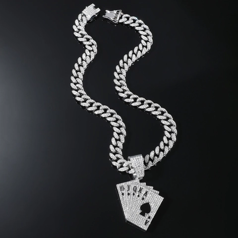 Collar con Colgante de Cartas de Póquer de Strass Hip Hop Oro Plata Aleación Eslabón Cubano Flor Imperial Rap Punk Joyería Hombre