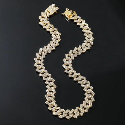 Collana a Catena a Maglie Cubane Iced Out per Uomo Gioielli Hip Hop in Lega di Strass a Rombo Miami Link Oro Argento Placcato Regalo di Moda