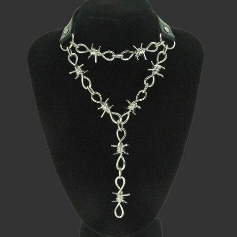 Punk Retro Barbed Wire Y Necklace With Black PU Leather Choker Zinc Alloy Gothic Thorns Chain For Men Streetwear Jewelry Accessory