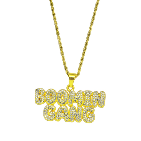 Hip Hop Boomin Gang Letter Hanger Ketting Voor Heren Verguld Roestvrij Staal Touwketting Strass Iced Out Sieraden