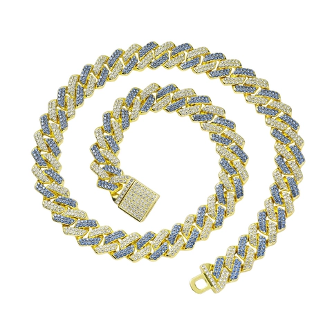 Collana Hip Hop in Lega con Strass Blu e Bianchi Maglia Cubana da Uomo Audace Geometrica Bicolore Gioielli Iced Out