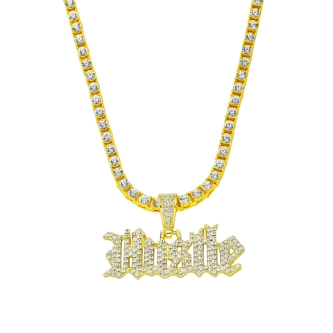 Collana con Pendente a Lettera Hustle in Lega Hip Hop Gioielli con Catena Tennis in Strass per Uomo Donna Oro Argento Stile Gotico