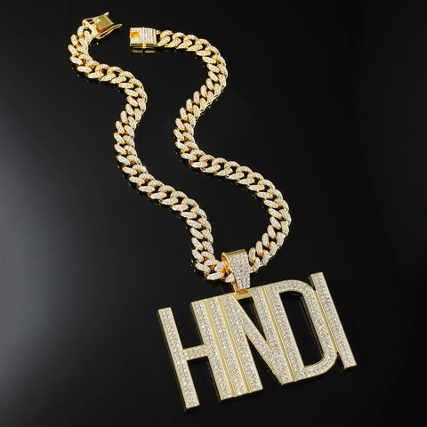 Collana con Ciondolo a Lettera HINDI Hip Hop in Lega di Zinco con Strass Intarsiati Oro Argento Catena Cubana Gioielli Uomo