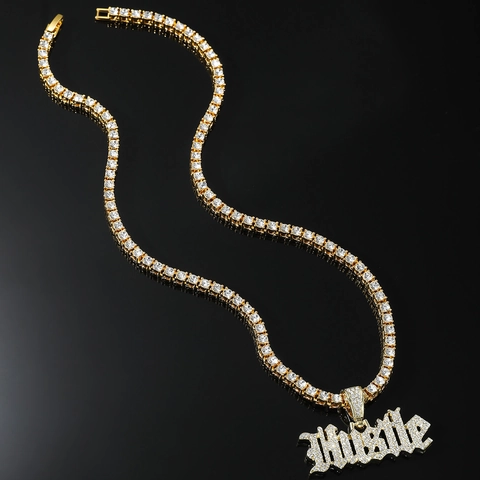 Collana con Pendente a Lettera Hustle in Lega Hip Hop Gioielli con Catena Tennis in Strass per Uomo Donna Oro Argento Stile Gotico