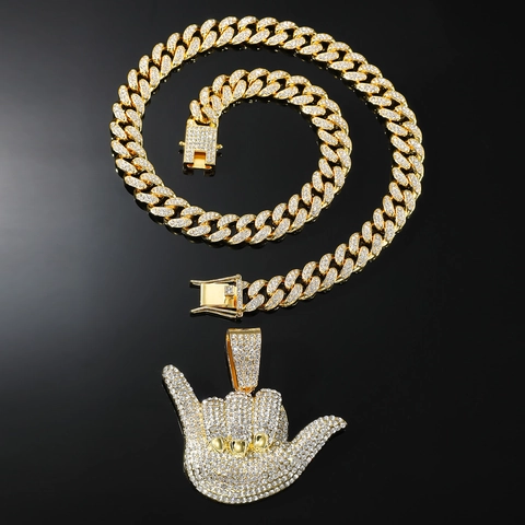 Hip Hop Shaka Hand Geste Anhänger Halskette Iced Out Bling Strass Legierung Panzerkette Streetwear Herren Schmuck Geschenk
