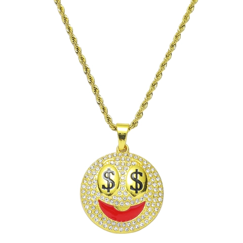 Collar de Colgante Hip Hop Cara Sonriente Ojos de Signo de Dólar Aleación Acero Inoxidable Cadena de Cuerda con Strass Hombre