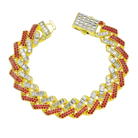 Bracciale da Uomo Hip Hop in Lega a Catena Cubana con Strass Rossi e Bianchi Intarsiati Braccialetto Geometrico alla Moda