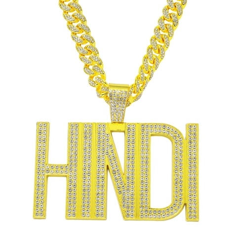 Collana con Ciondolo a Lettera HINDI Hip Hop in Lega di Zinco con Strass Intarsiati Oro Argento Catena Cubana Gioielli Uomo