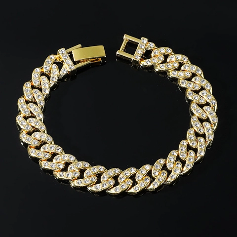 Men's Hip Hop Cuban Link Bracelet Alloy Pave Rhinestone Gold Silver Color Punk Style Jewelry Gift For Men