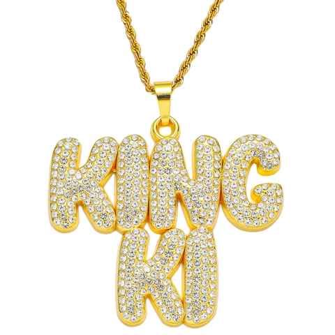Collar con Colgante de Letra King Ki Hip Hop para Hombre Aleación Strass Joyería Iced Out Cadena de Cuerda Acero Inoxidable Oro Plata