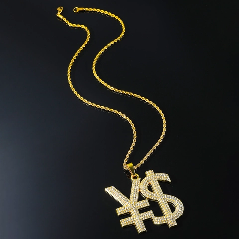 Hip Hop Dollar Yen Currency Symbol Pendant Necklace Alloy Rhinestone Inlaid Stainless Steel Rope Chain For Men Women Jewelry